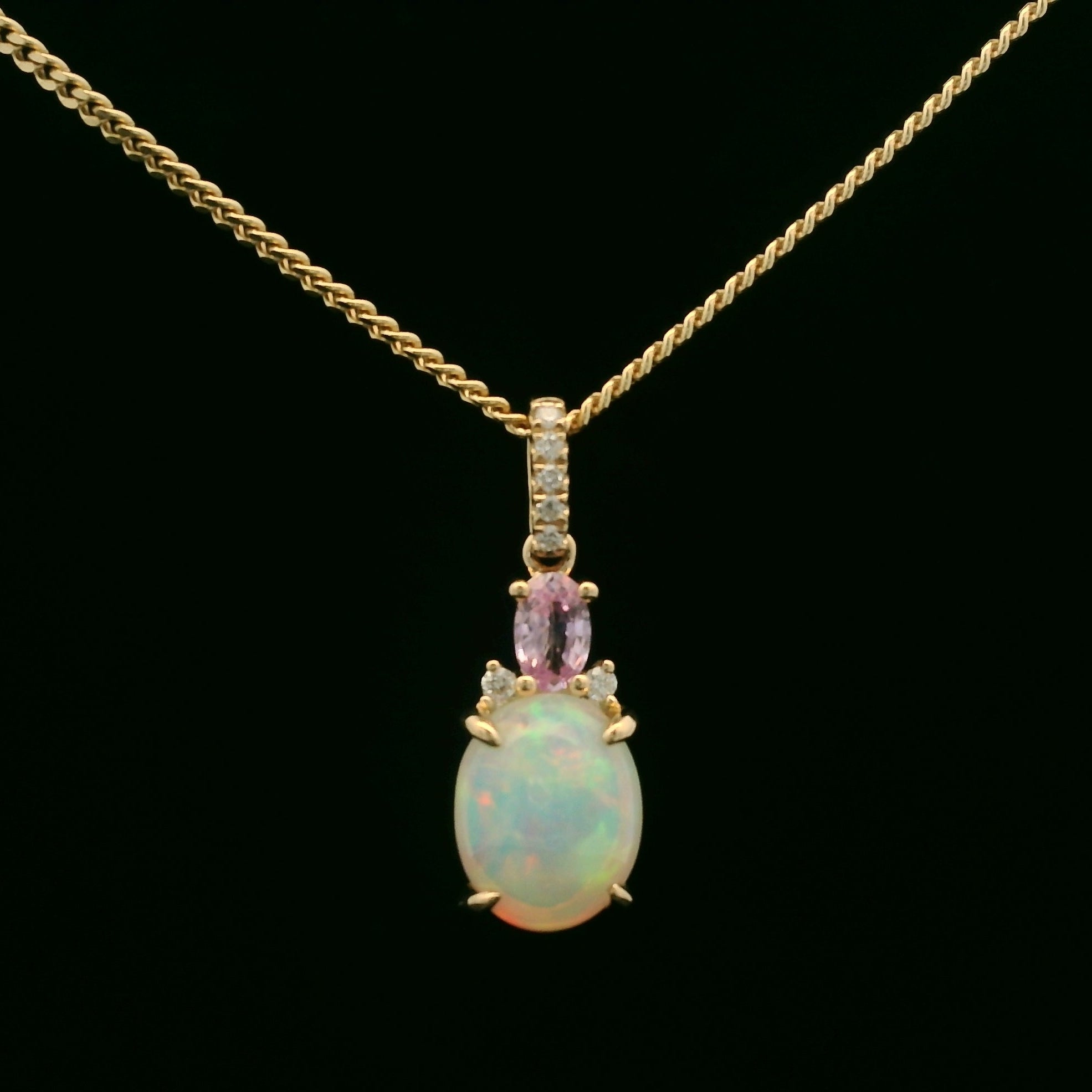 Opal Diamond & Pink Sapphire Necklace 9ct Yellow Gold