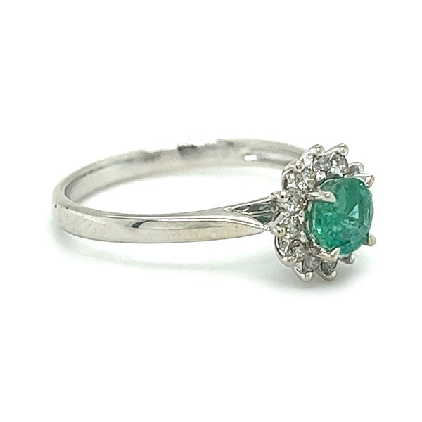 Platinum Round Emerald & Diamond Cluster Ring side