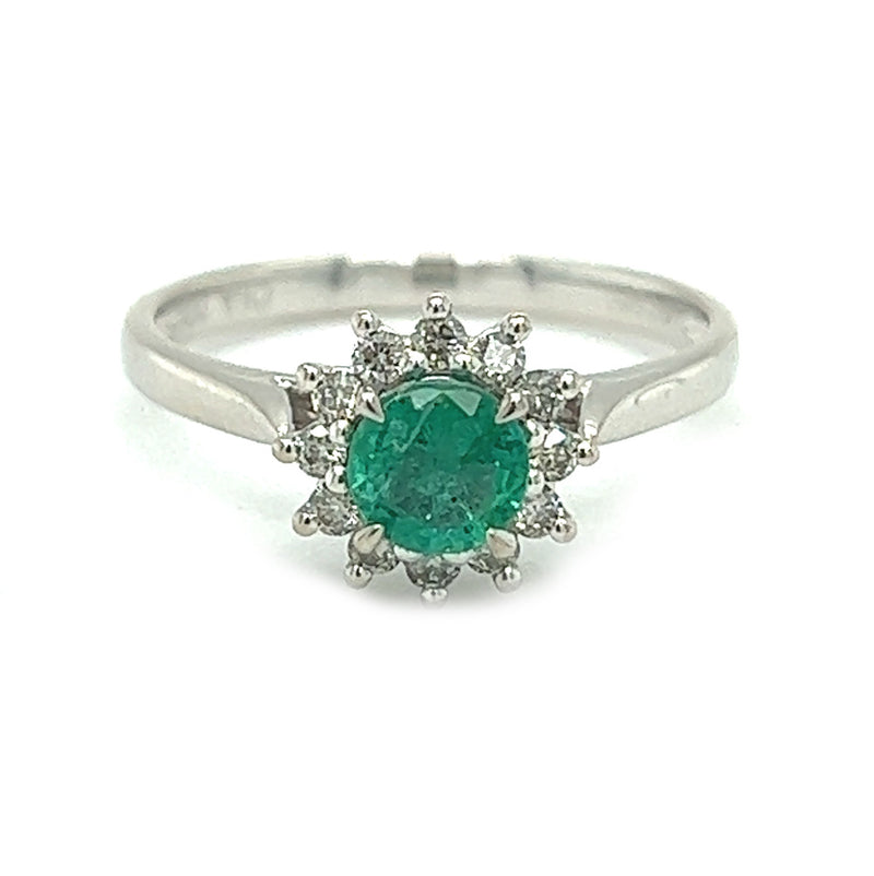 Platinum Round Emerald & Diamond Cluster Ring