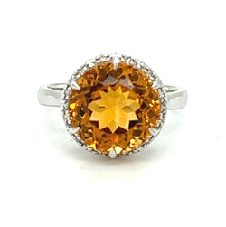 9ct White Gold Round Citrine & Diamond Ring