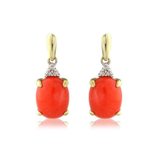 Coral & Diamond Drop Earrings 9ct Yellow Gold
