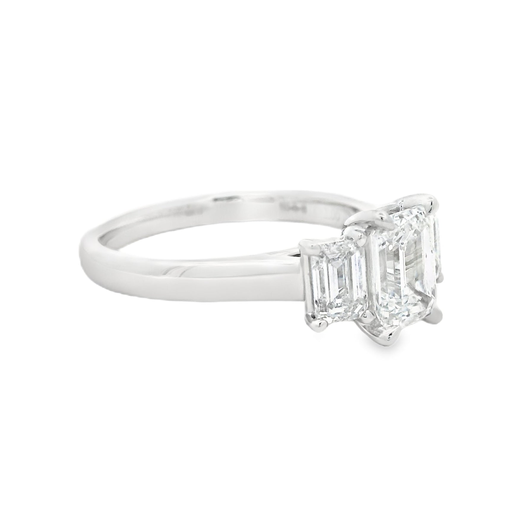 Platinum Trilogy Emerald Cut Lab Grown Diamond Engagement Ring 2.00ct side