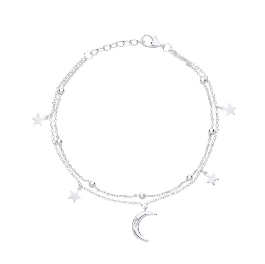 Sterling Silver Moon and Star Double Bracelet
