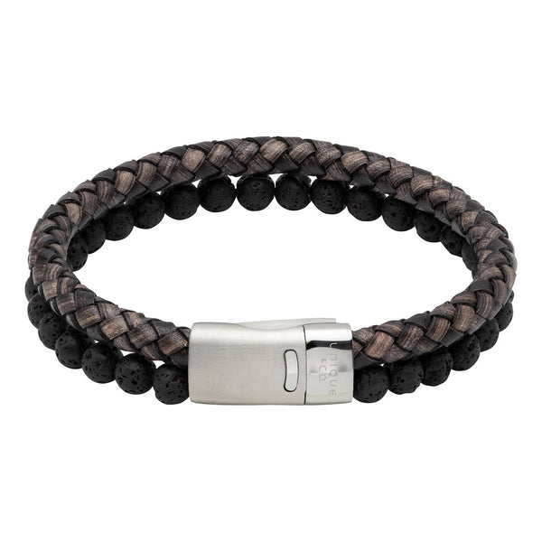 Unique & Co Mens Black Leather & Lava Stone Bracelet B482ABL