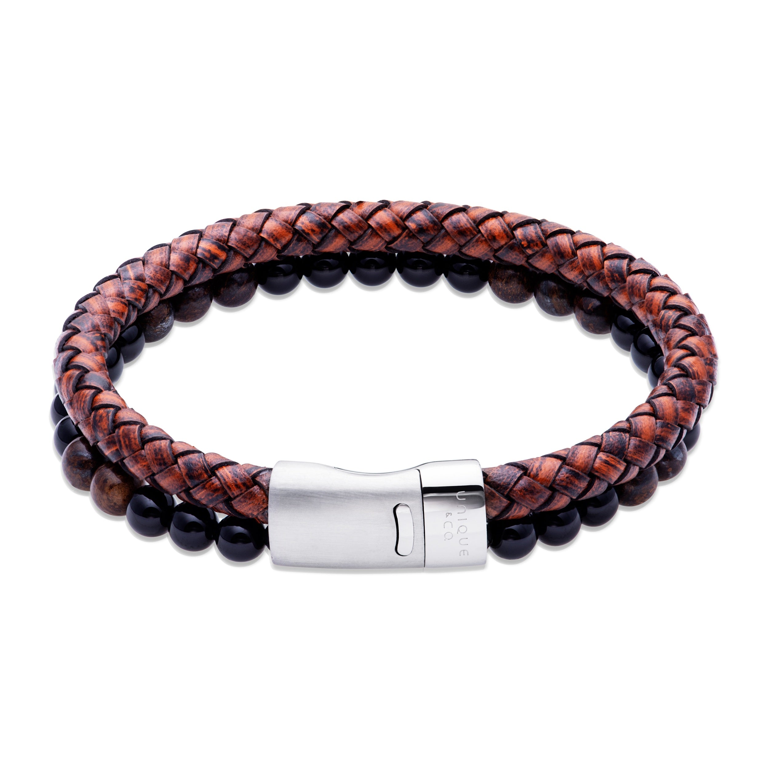 Unique & Co Men's Brown Leather, Onyx & Tigers Eye Bracelet B540