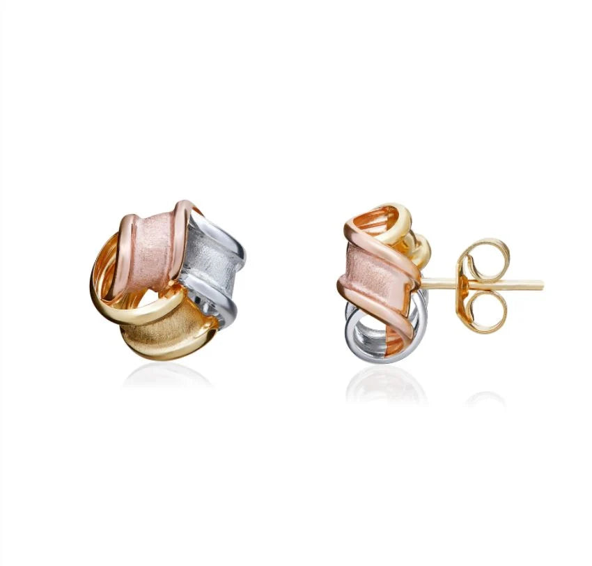 9ct Three Colour Gold Frosted Knot Earrings