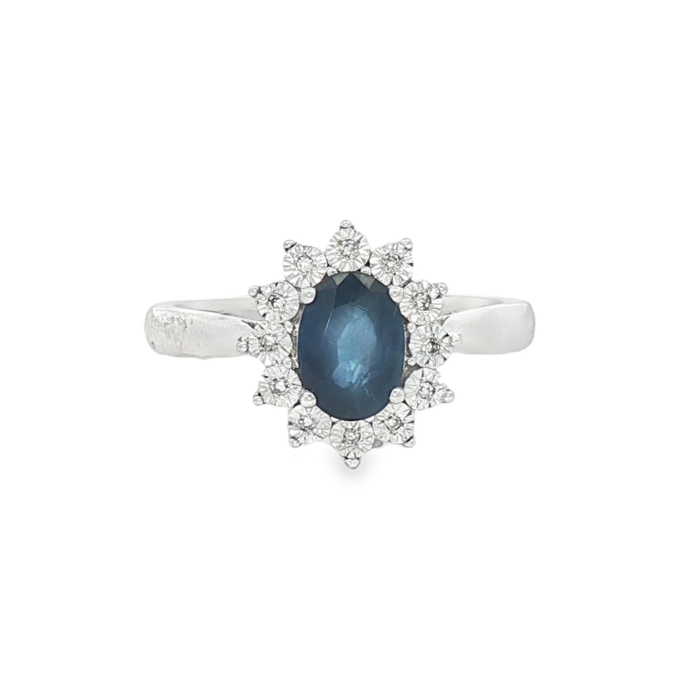 Oval Sapphire & Diamond Cluster Ring 9ct White Gold