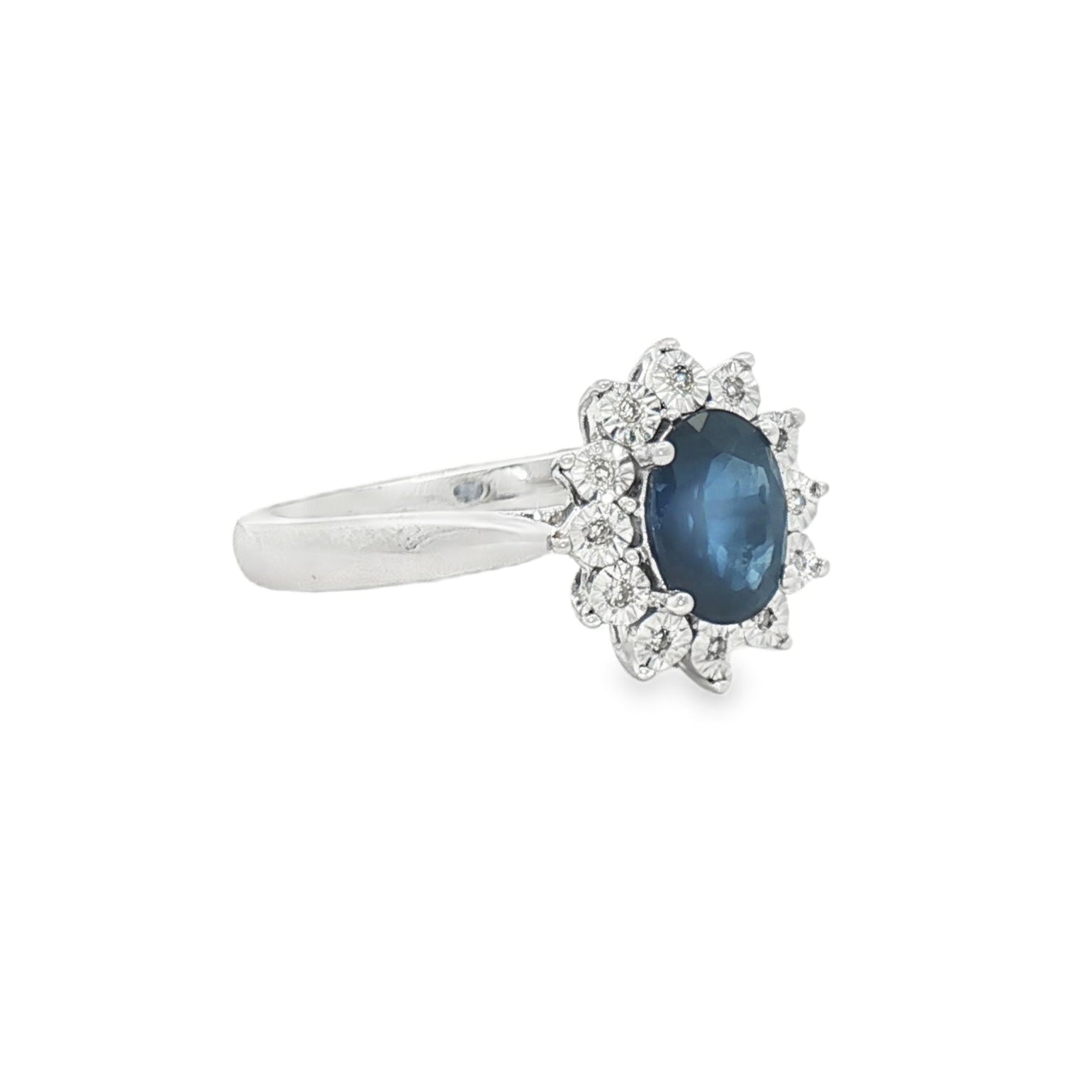 Oval Sapphire & Diamond Cluster Ring 9ct White Gold side