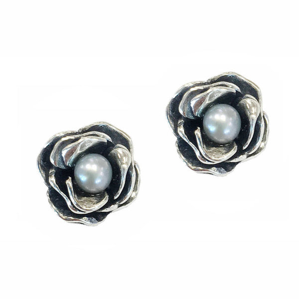 Aviv Silver Rose Stud Earrings with Pearl