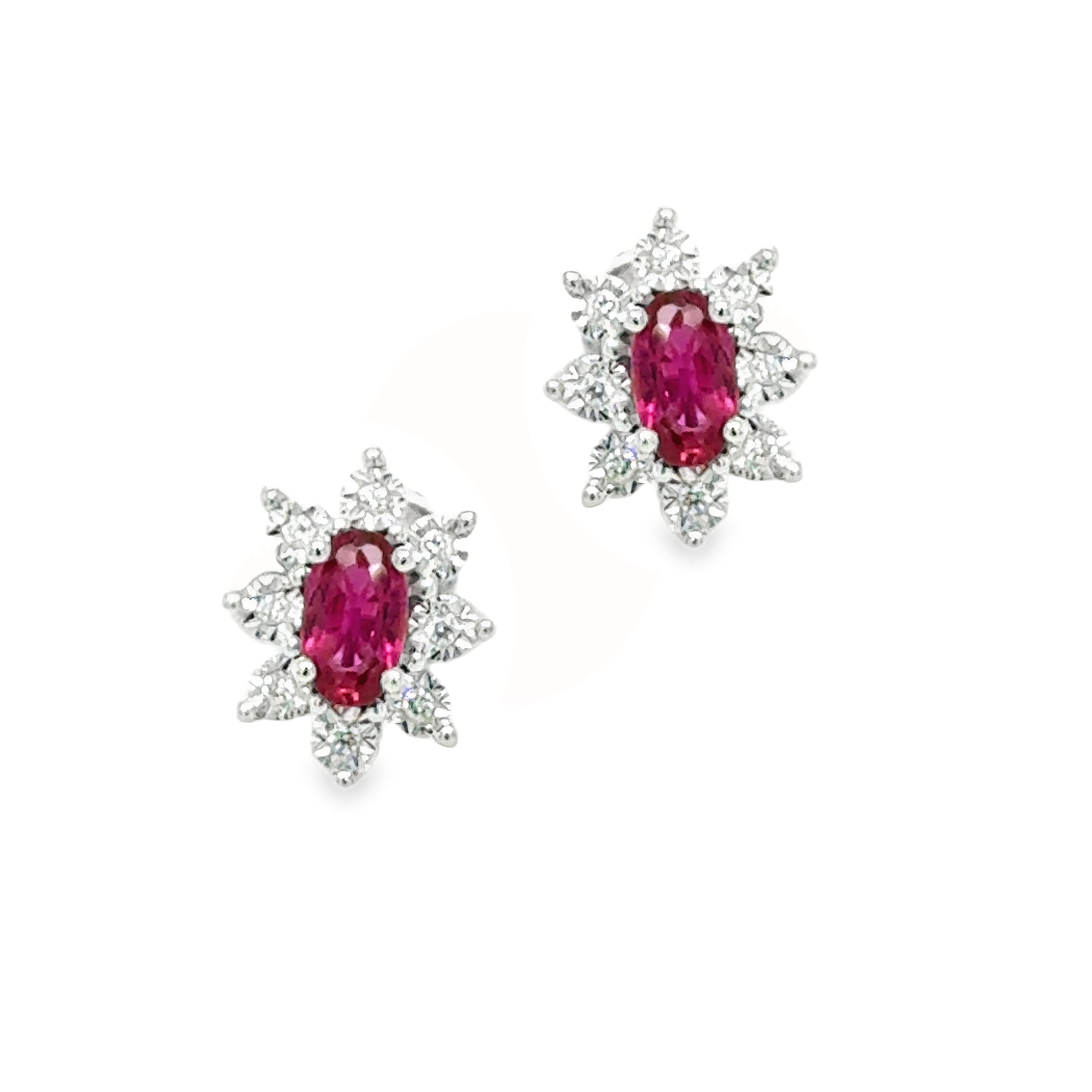 9ct White Gold Oval Ruby & Diamond Illusion Set Cluster Earrings