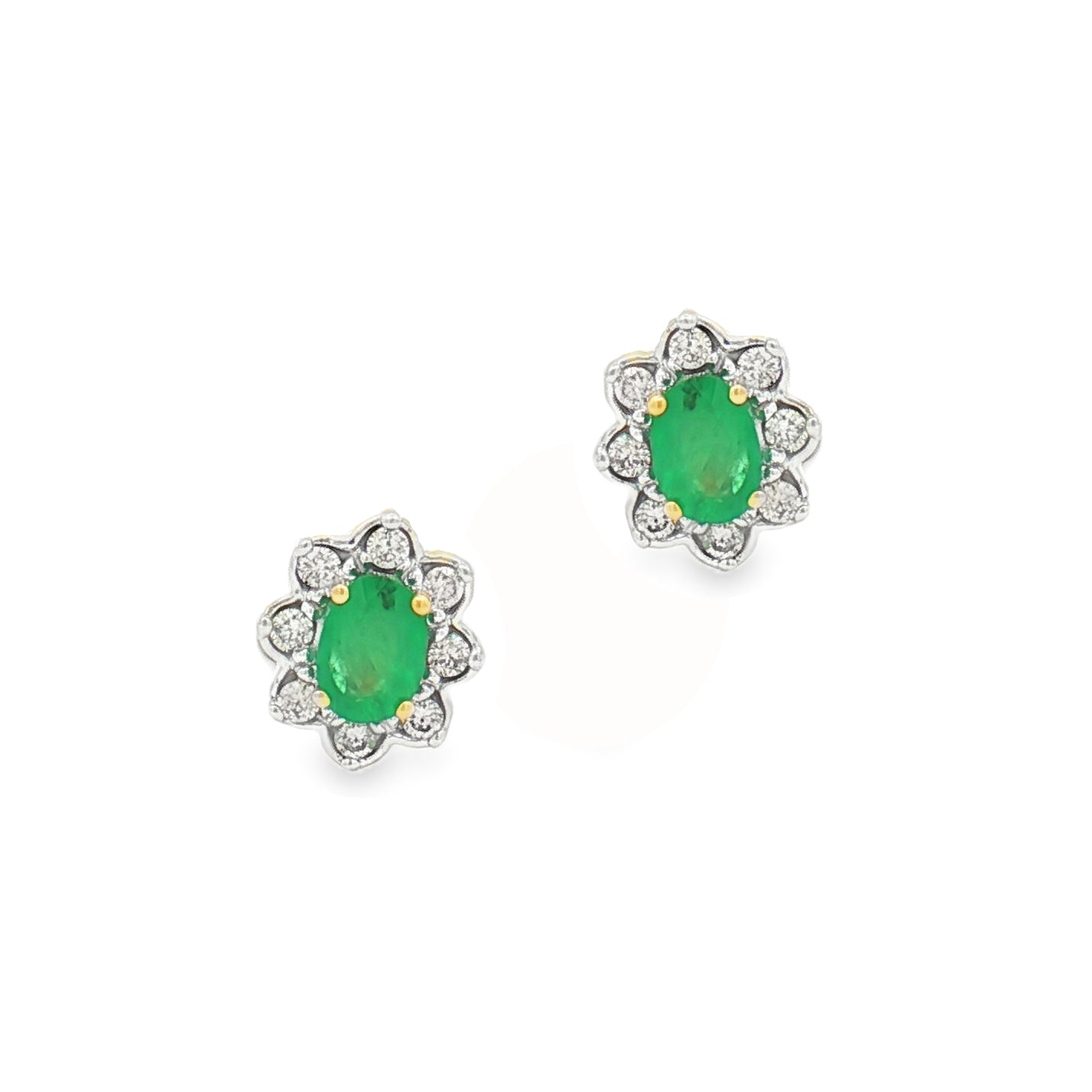 9ct Yellow Gold Emerald & Diamond Oval Cluster Earrings