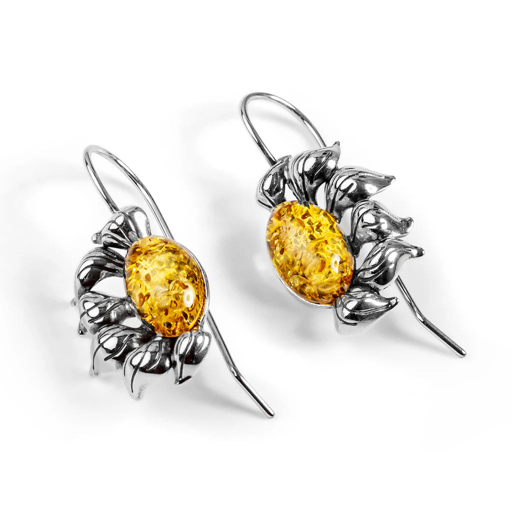Henryka Ready to Bloom Sunflower Hook Earrings in Silver & Yellow Amber