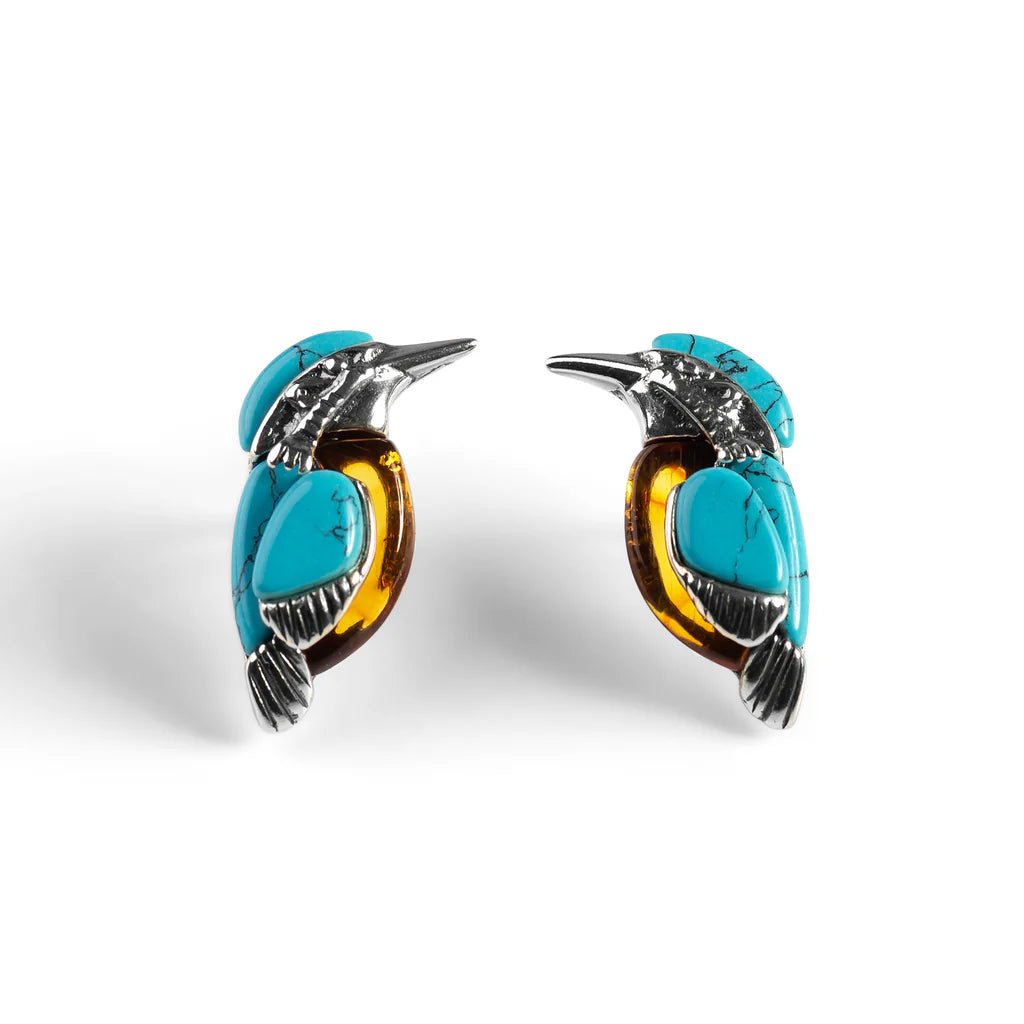 Henryka Kingfisher Bird Stud Earrings in Silver, Amber and Turquoise