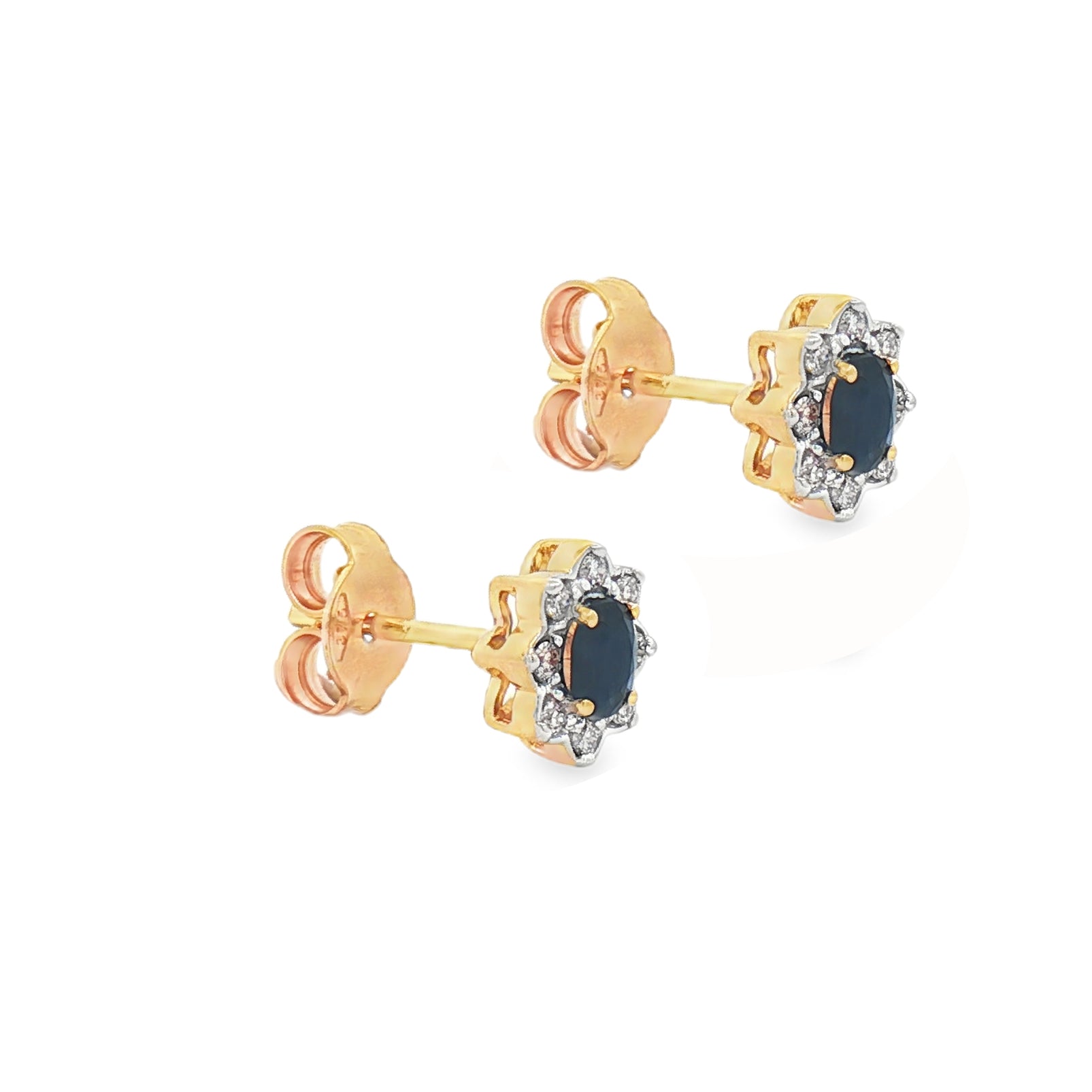 9ct Yellow Gold Sapphire & Diamond Oval Cluster Earrings SIDE