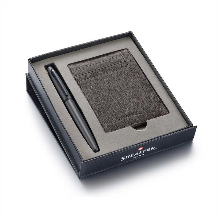 Sheaffer VFM Matte Black Ballpoint Pen & Grey Card Case Set