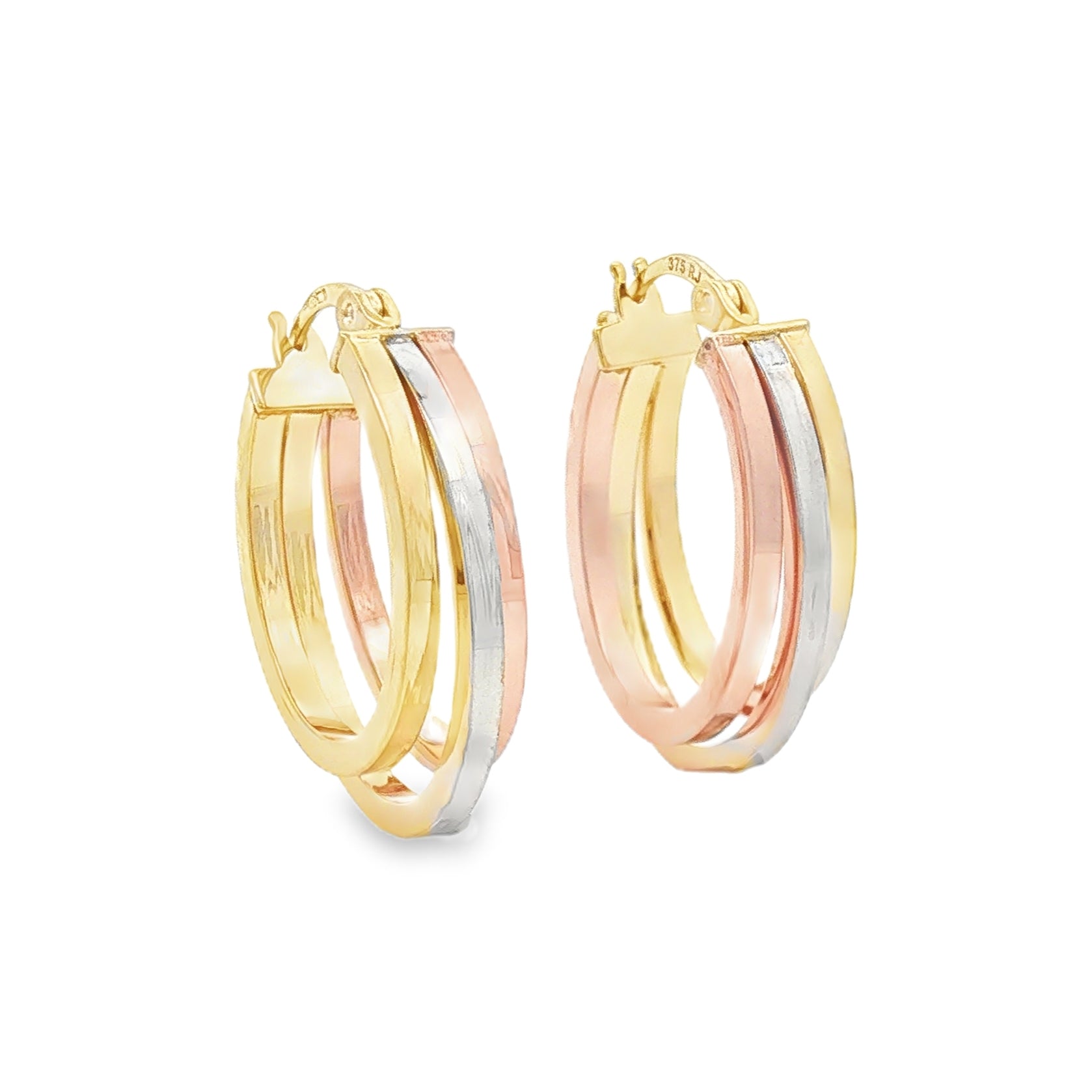 9ct 3 Colour Gold Triple Hoop Earrings