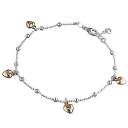 Sterling Silver Rose Plated Hearts Anklet