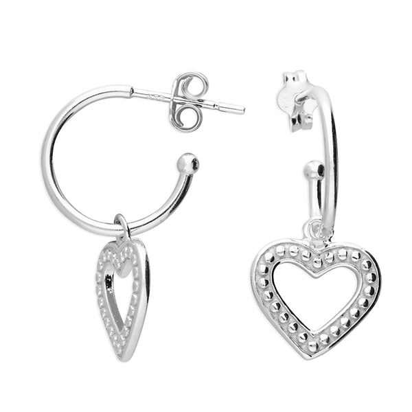 Sterling Silver Hoop Bead Heart Drop Earrings