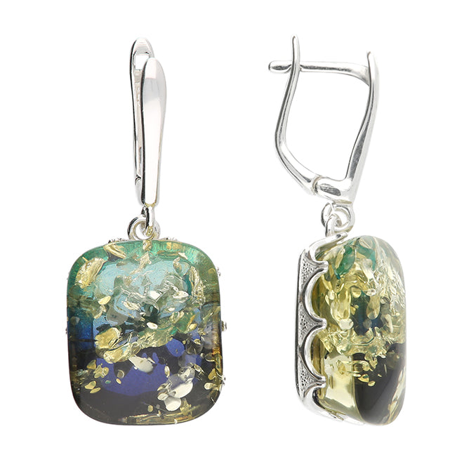 Sterling Silver Green Amber Cushion Drop Earrings
