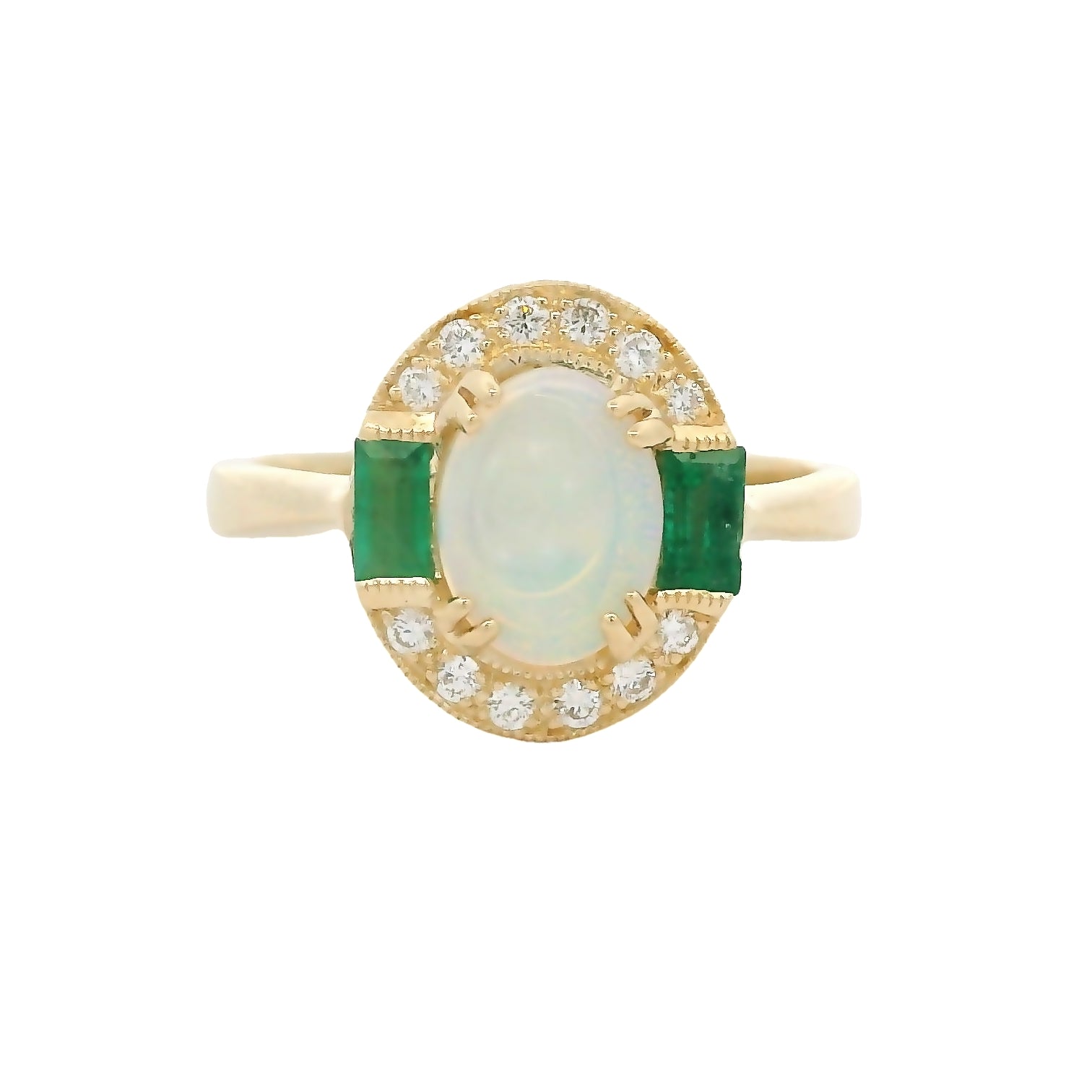 Opal, Emerald & Diamond Vintage Style Ring 9ct Gold