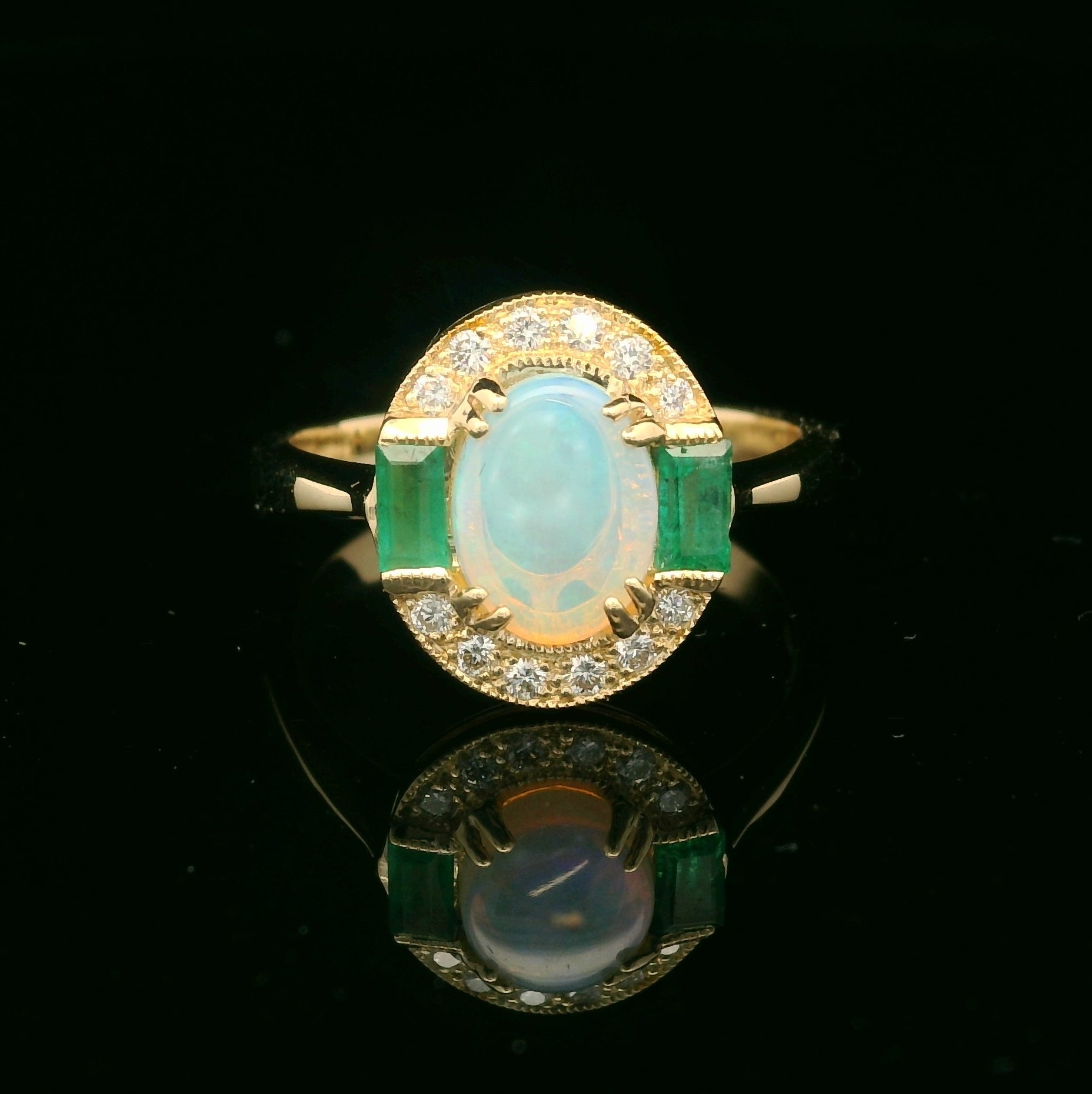 Opal, Emerald & Diamond Vintage Style Ring 9ct Gold