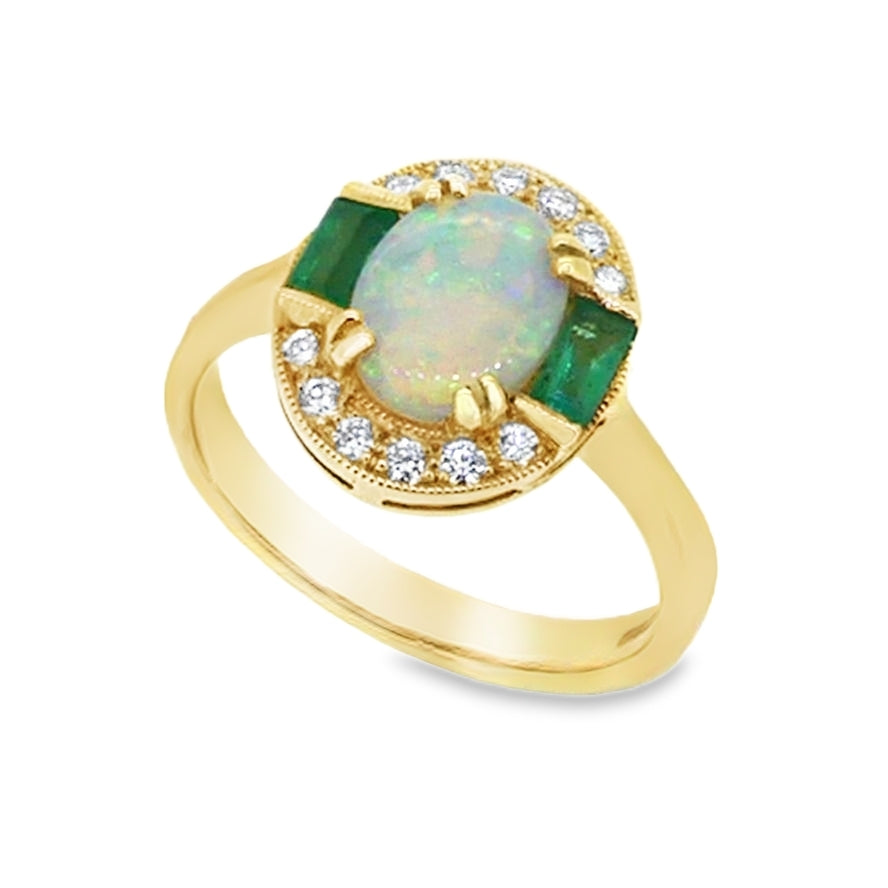 Opal, Emerald & Diamond Vintage Style Ring 9ct Gold