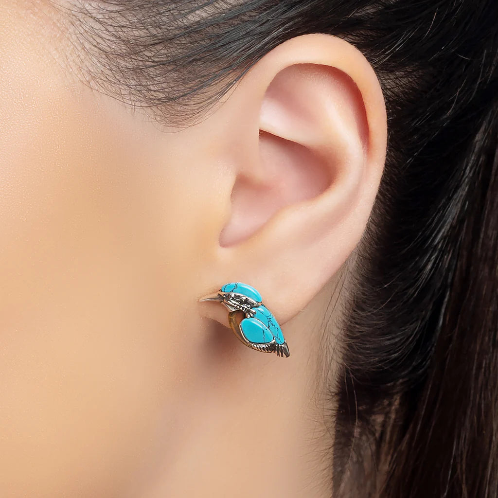 Henryka Kingfisher Bird Stud Earrings in Silver, Amber and Turquoise MODEL SHOT