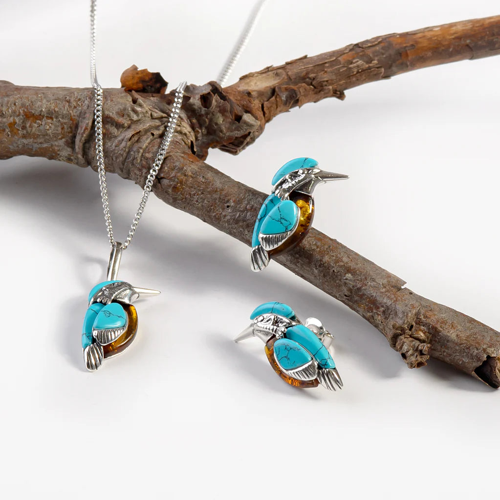 Henryka Kingfisher Bird Stud Earrings in Silver, Amber and Turquoise SET