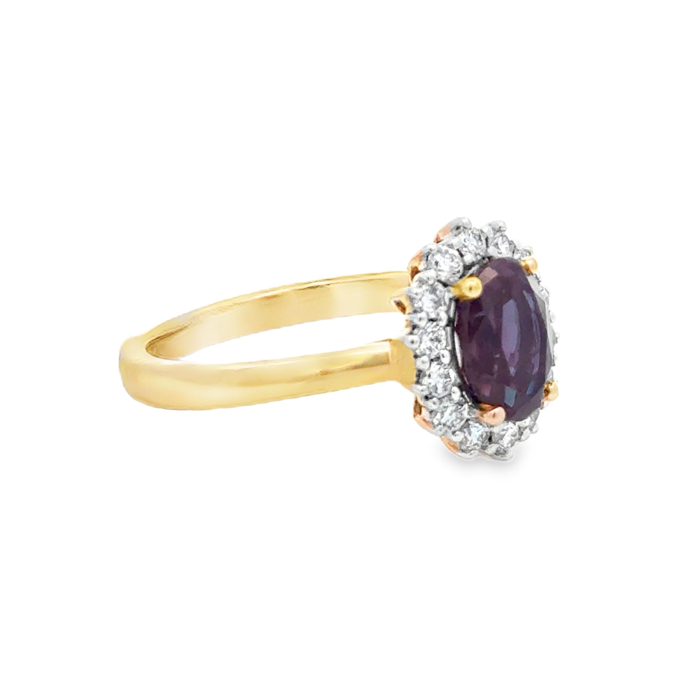 9ct Gold Lab Grown Alexandrite & Diamond Oval Cluster Ring SIDE
