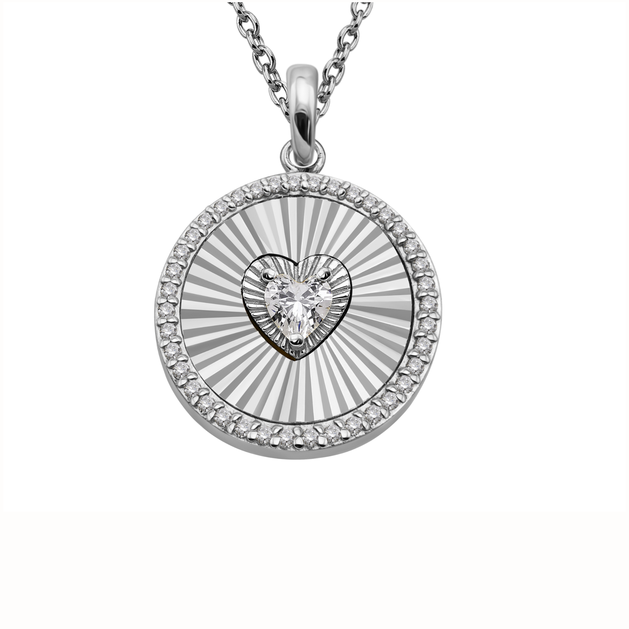 Unique & Co Sterling Silver CZ Heart Disc Pendant MK-1044