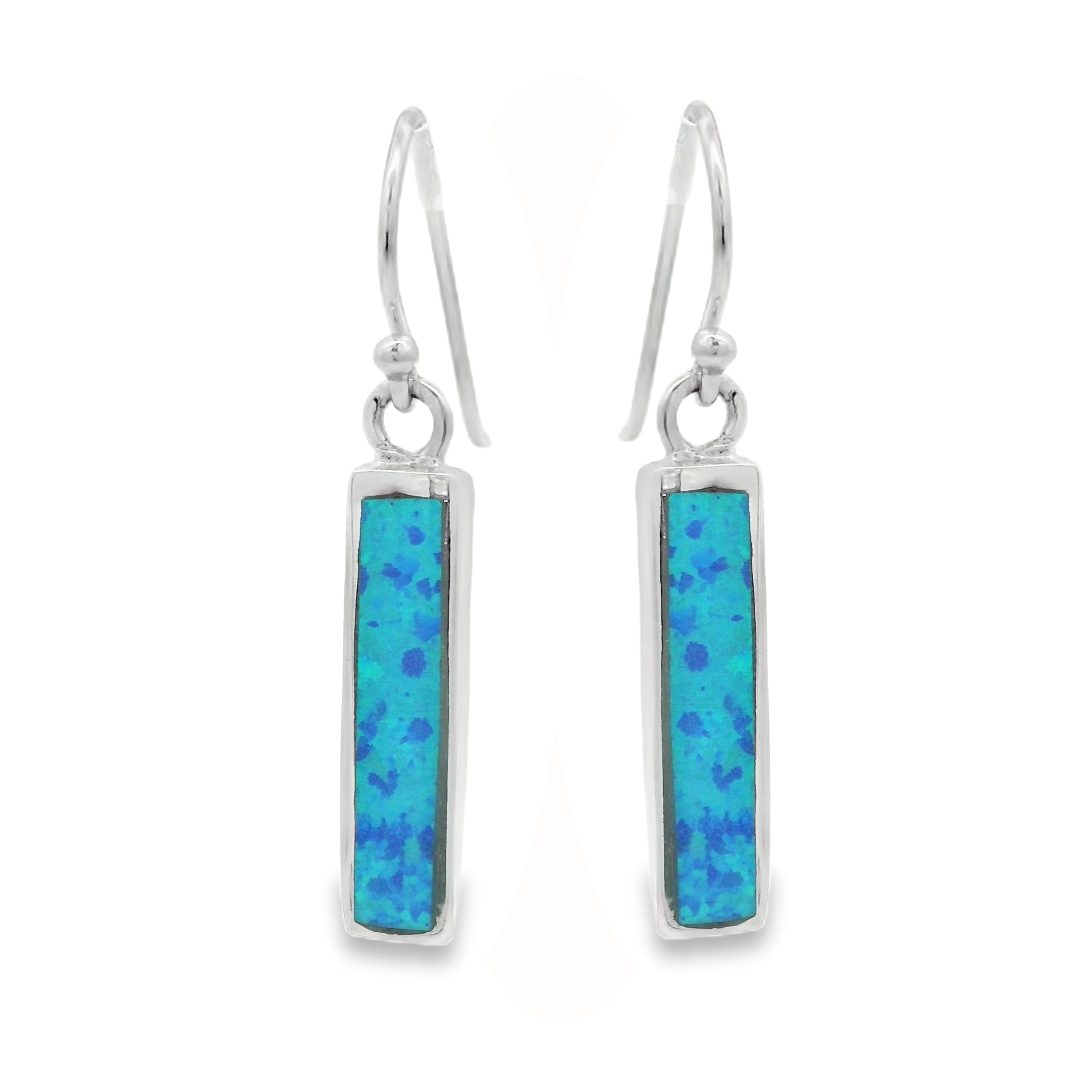 Silver Blue Created Opal Oblong Drop Earrings