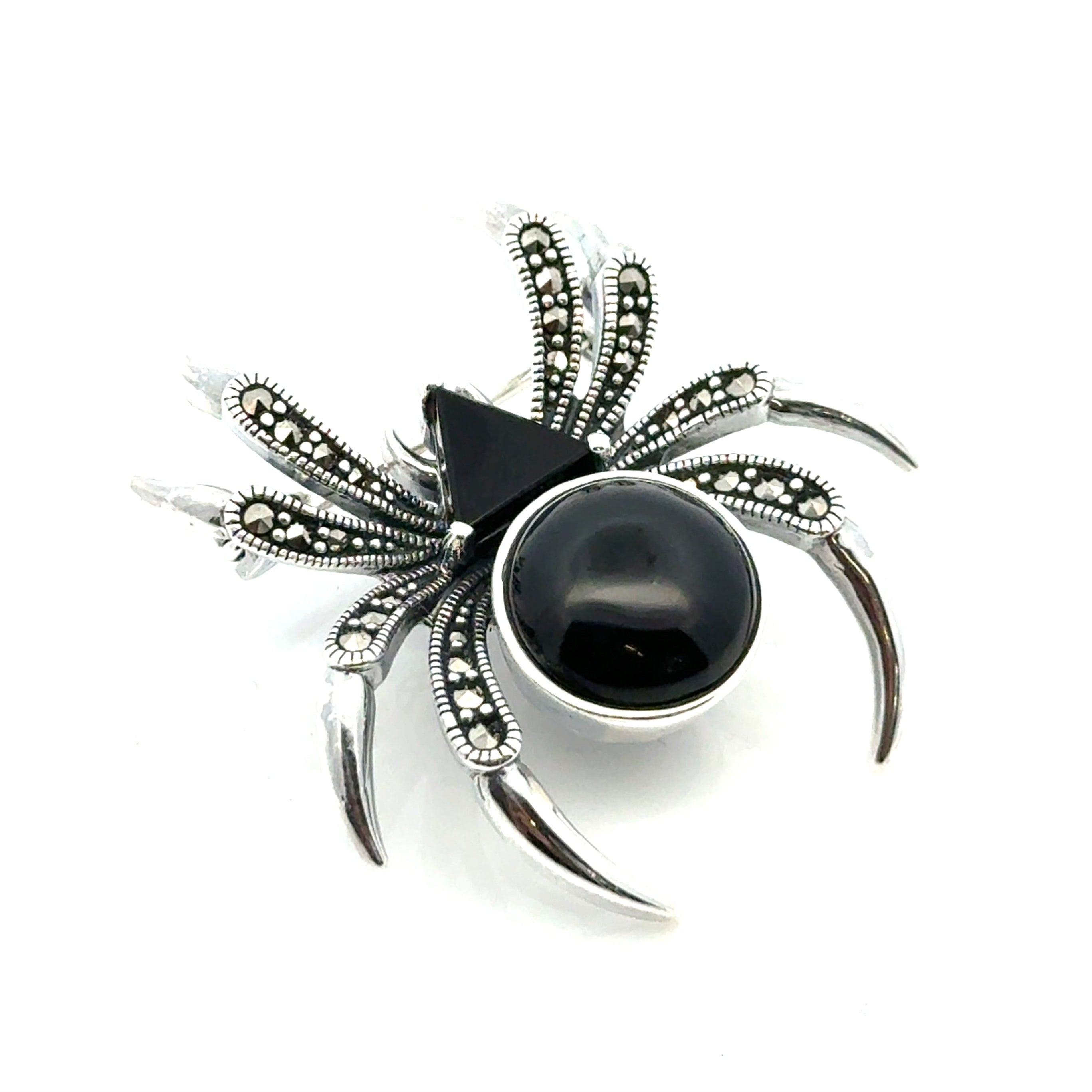 Silver Marcasite & Onyx Spider Brooch