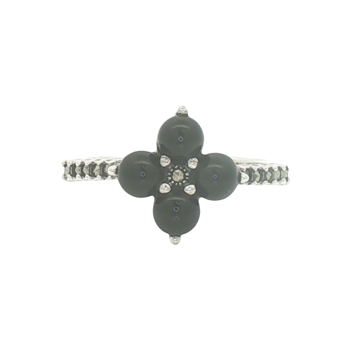 Silver Marcasite & Onyx Flower Ring