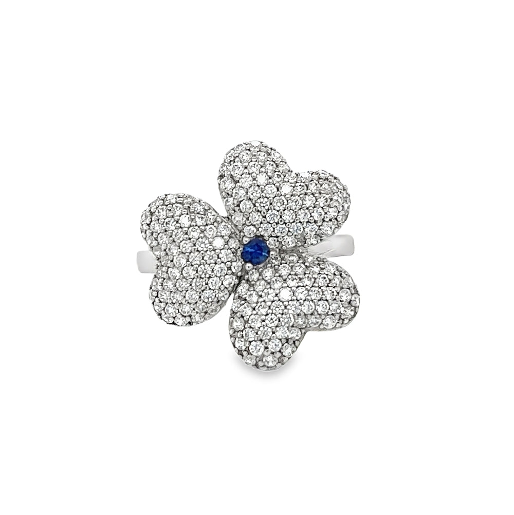 Silver Sapphire & Pave CZ Flower Ring
