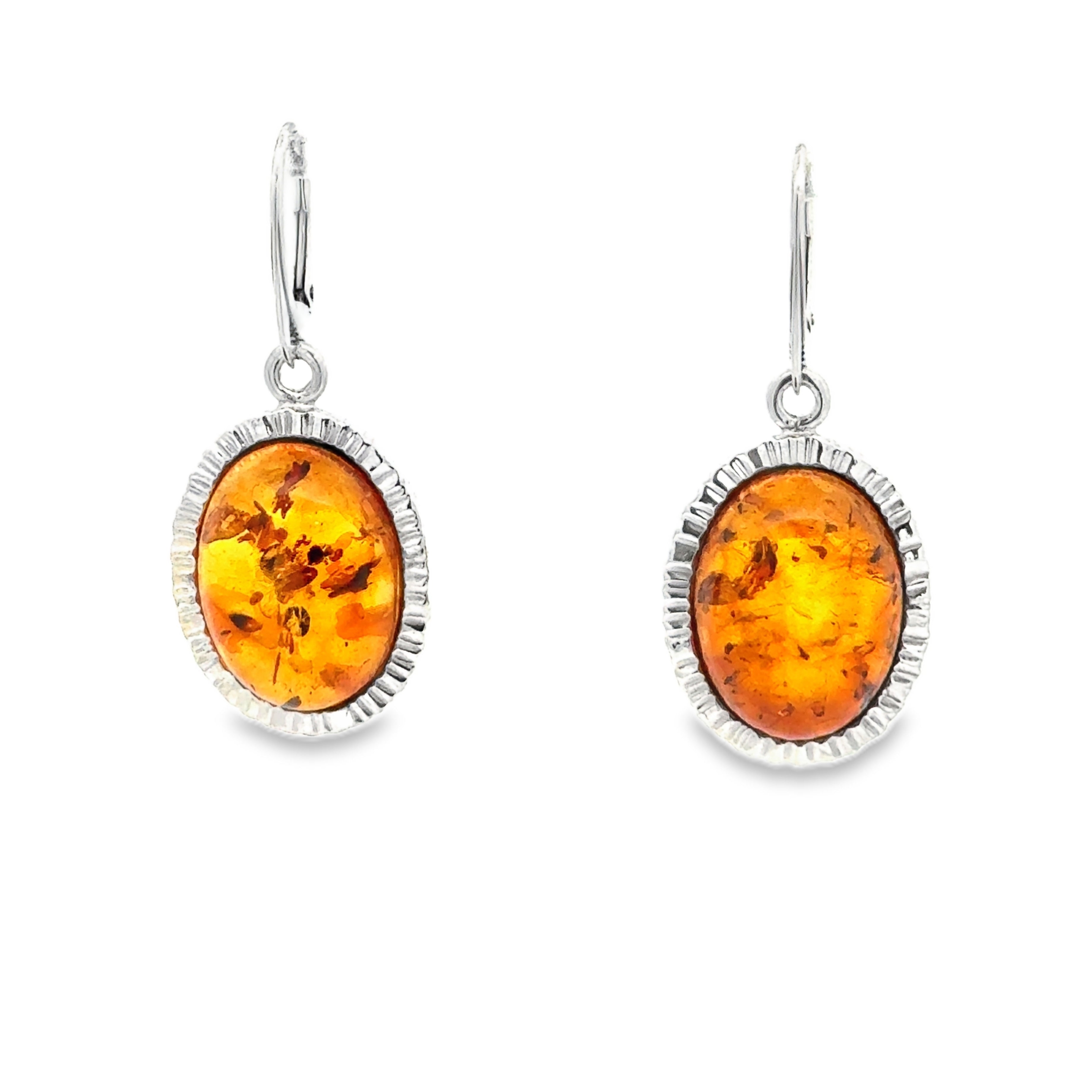 Sterling Silver Large Oval Amber Faceted Edge Drop Earrings