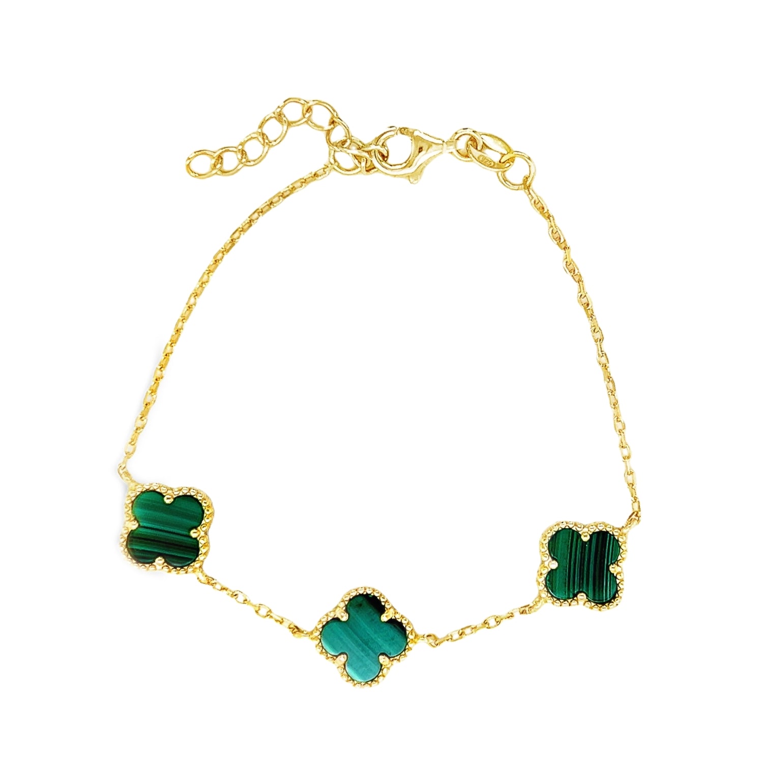 Sterling Silver Gold Plated Malachite Clover Bracelet