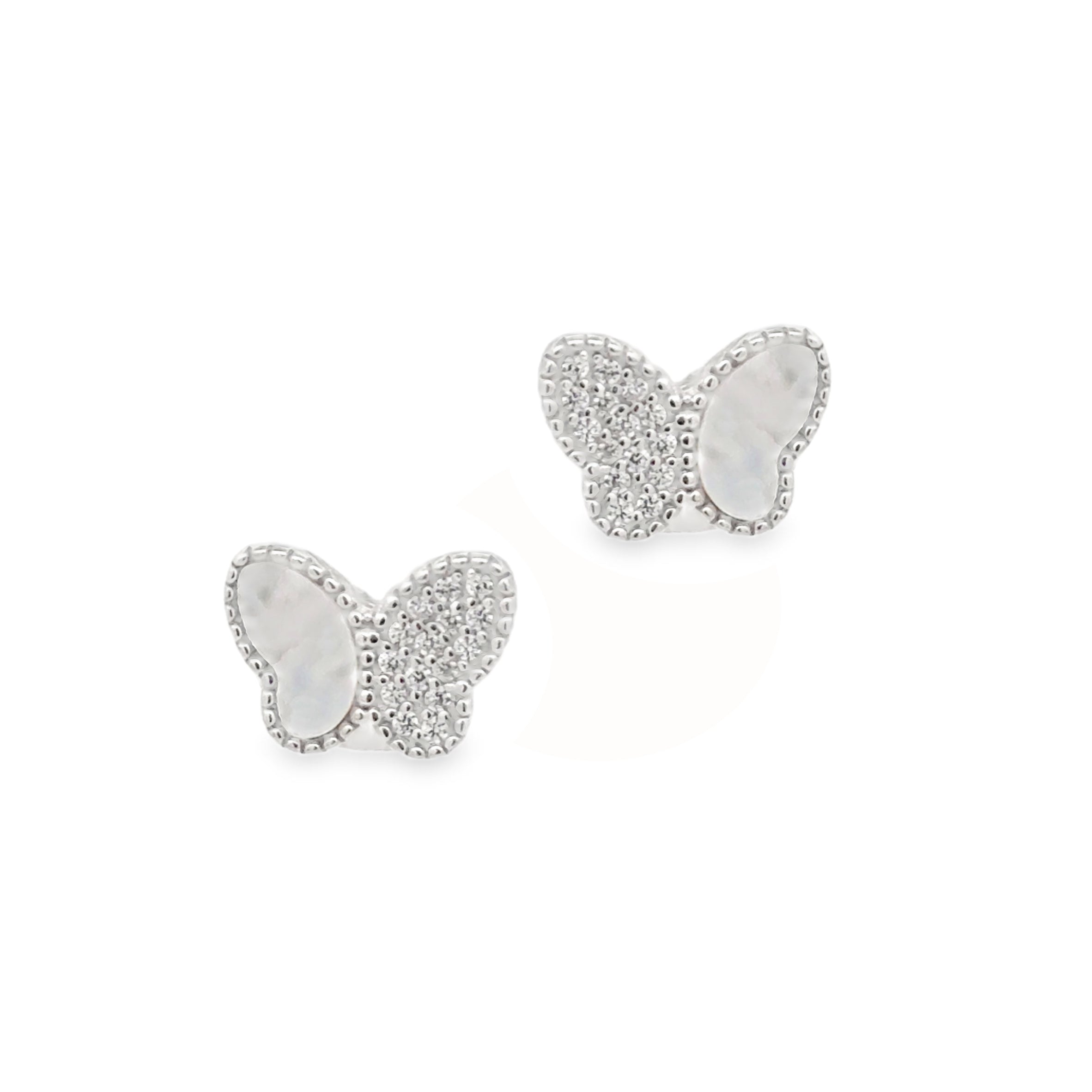 Silver Mother of Pearl CZ Butterfly Stud Earrings