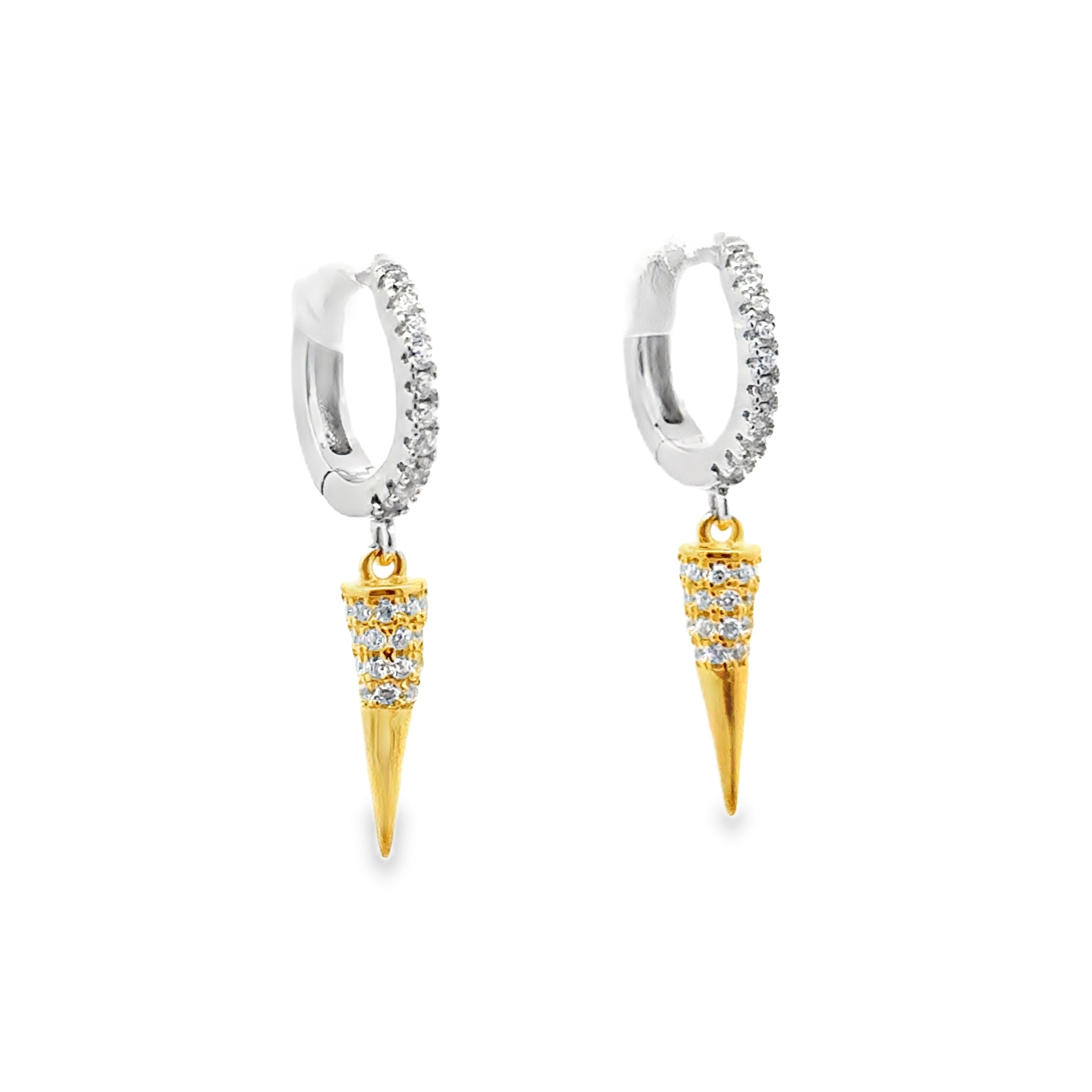 Silver Cubic Zirconia Dangle CZ Spike Huggy Earrings