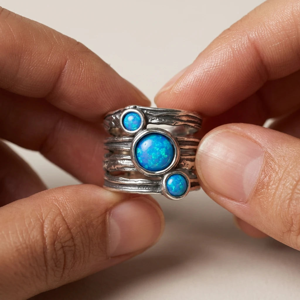 Aviv Silver Chunky 3 Opal Ring Model