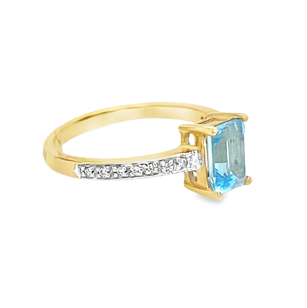 Rectangular Blue Topaz & Diamond Ring 9ct Gold side