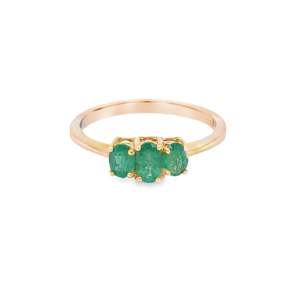 Emerald 3 Stone Ring 9ct Yellow Gold