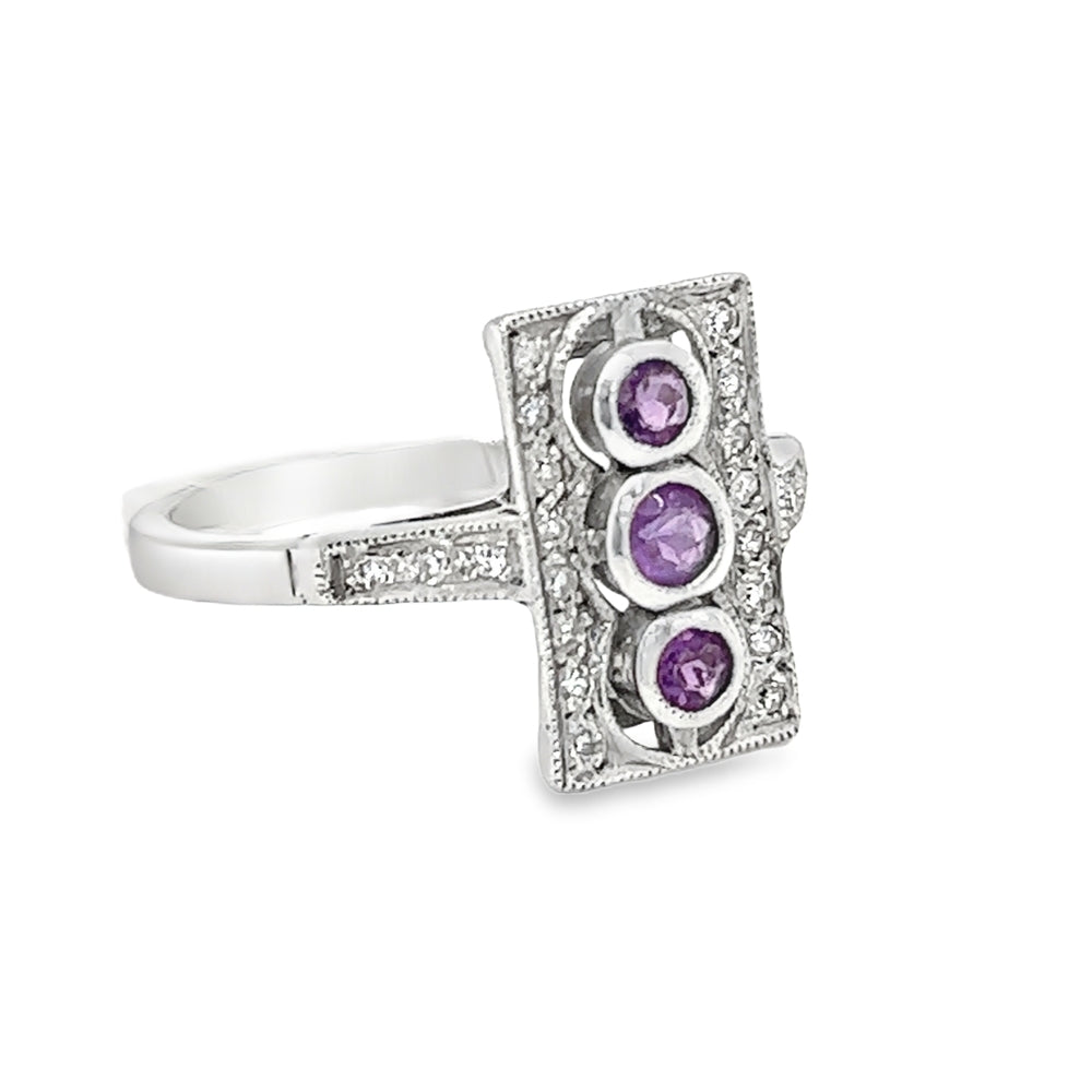 Vintage Style Amethyst & Diamond Ring 9ct White Gold side