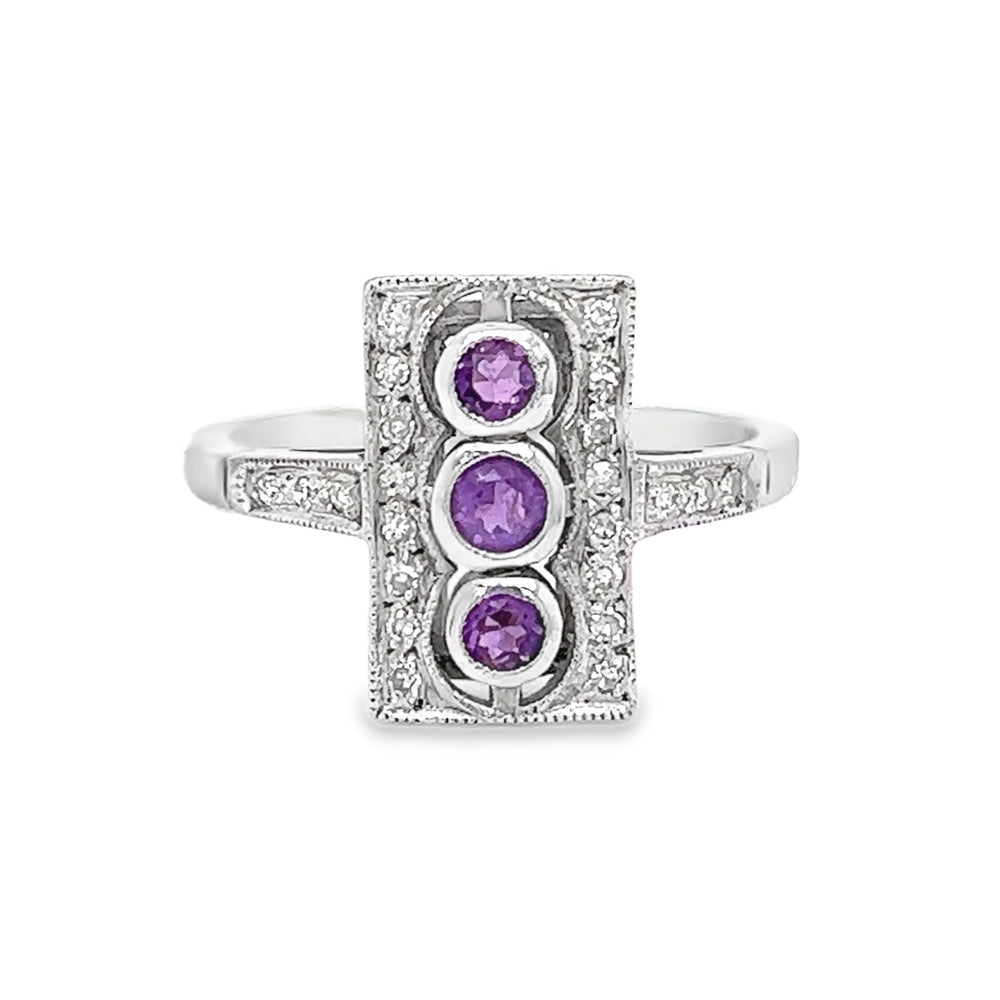 Vintage Style Amethyst & Diamond Ring 9ct White Gold