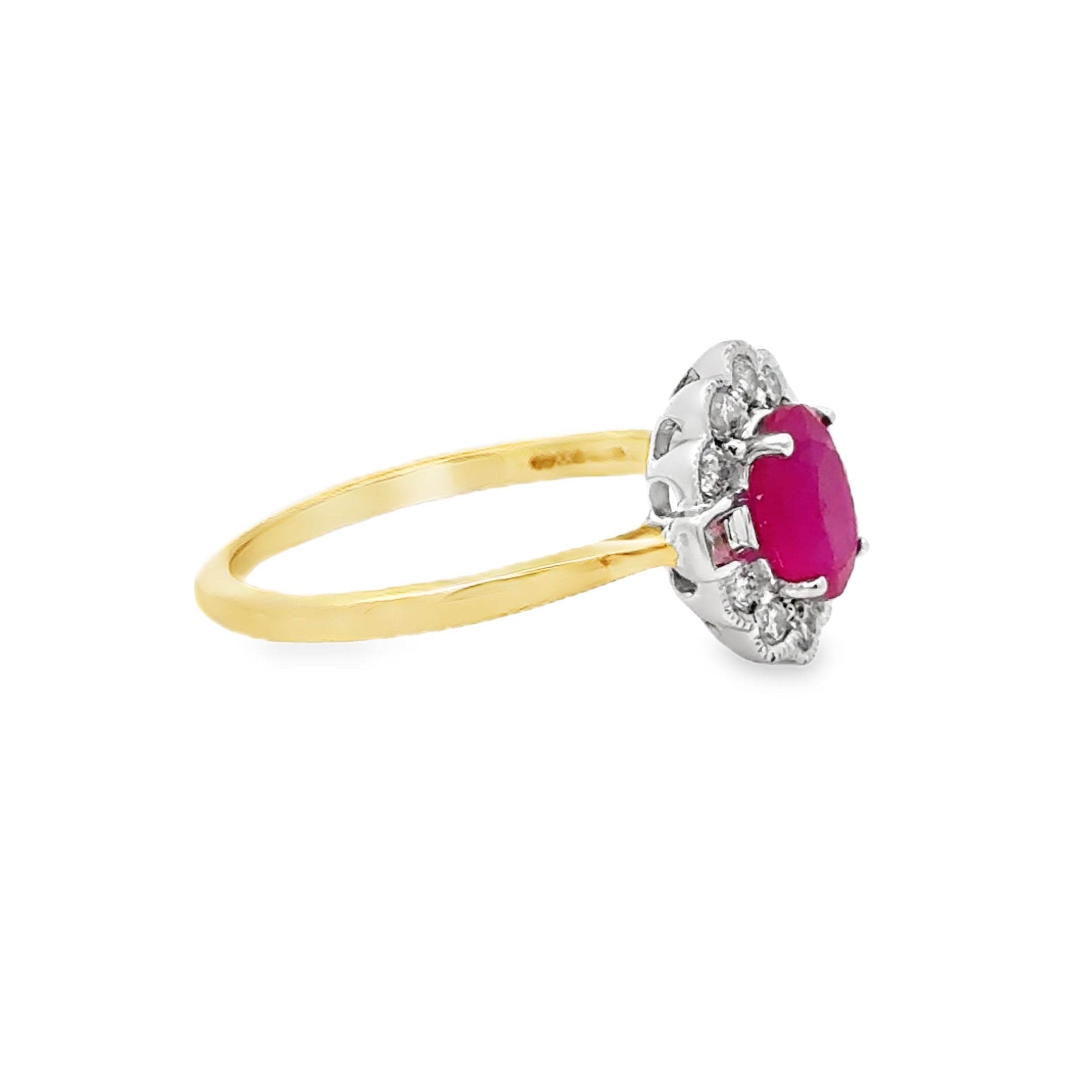 Ruby & Multi Cut Diamond Oval Cluster Ring 9ct Gold  SIDE