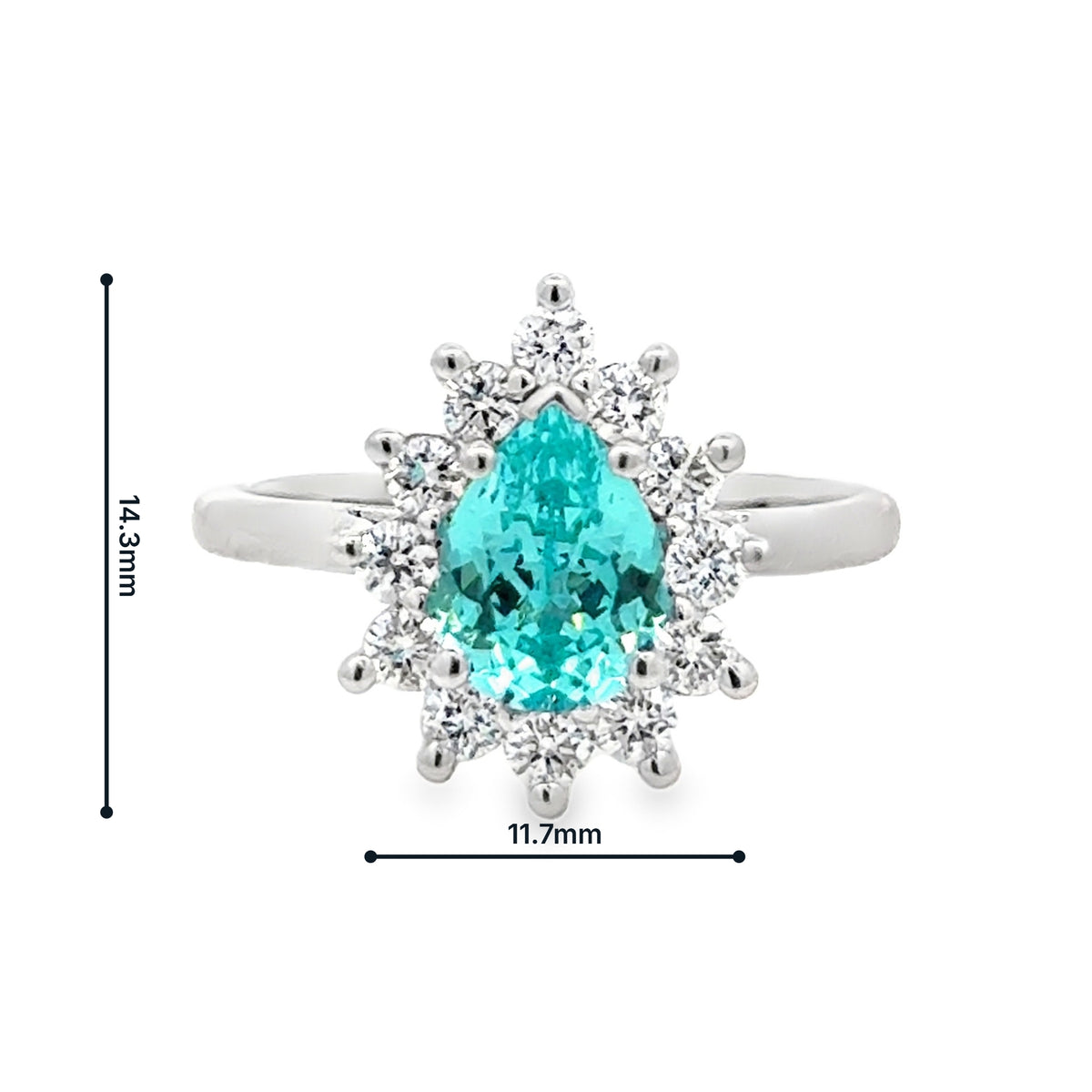 9ct White Gold Lab Grown Paraiba & Diamond Pear Cluster Ring measurements