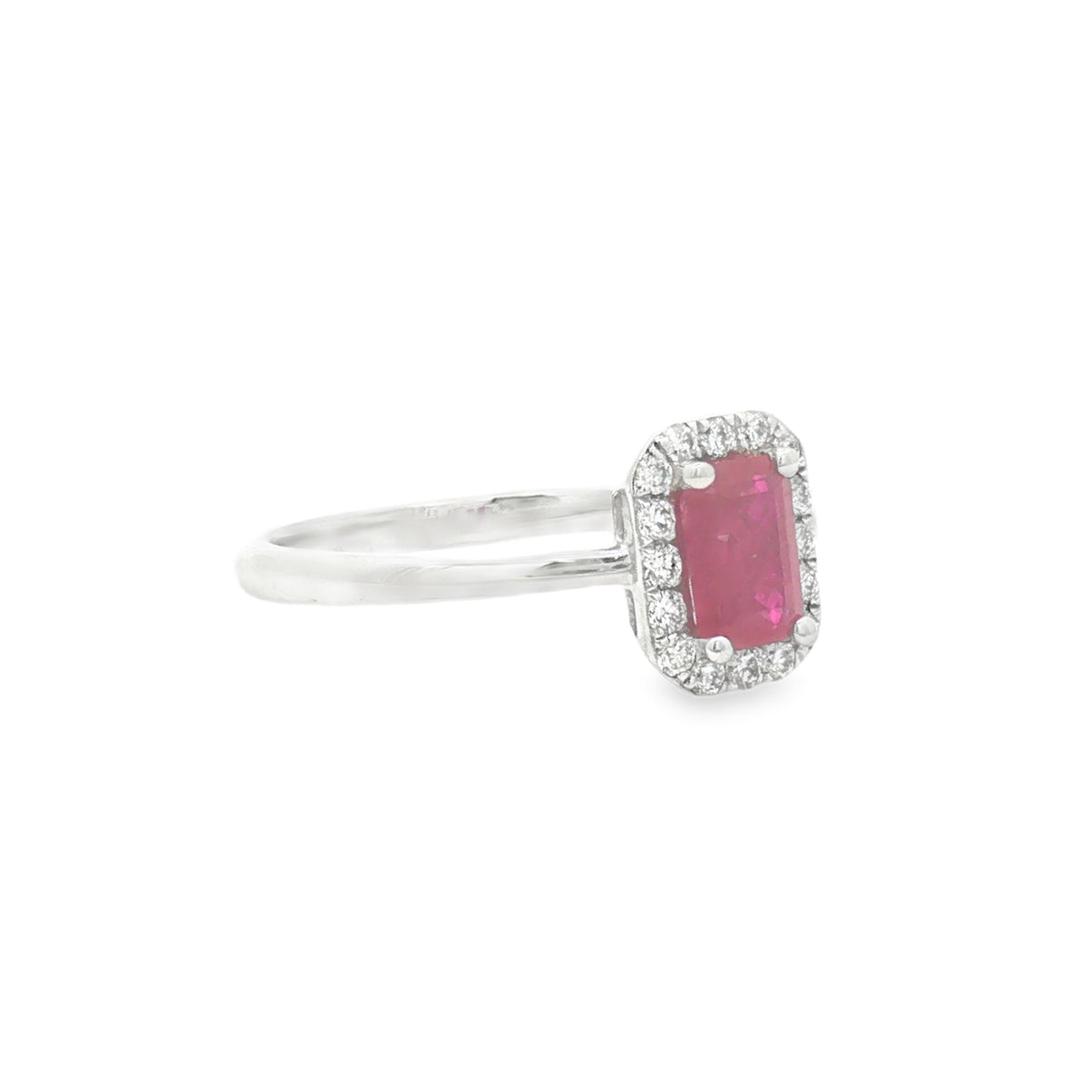 Octagonal Ruby & Diamond Cluster Ring 9ct White Gold SIDE