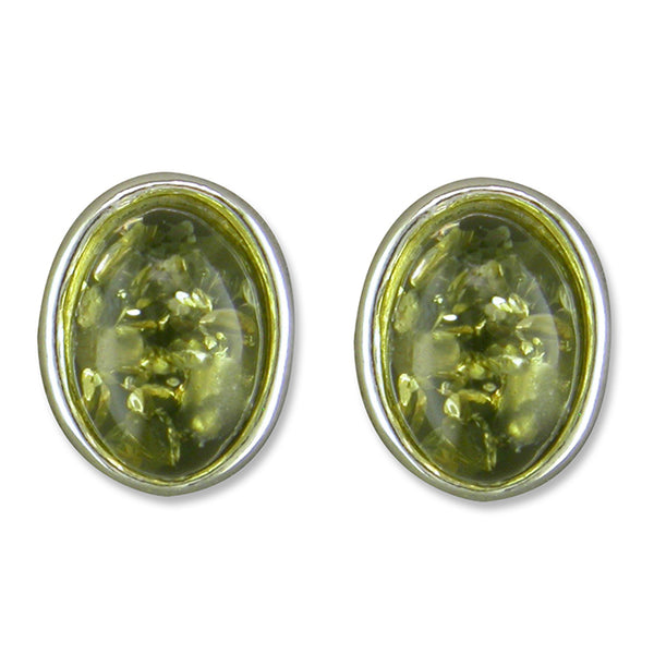 Sterling Silver Green Amber Oval Stud Earrings