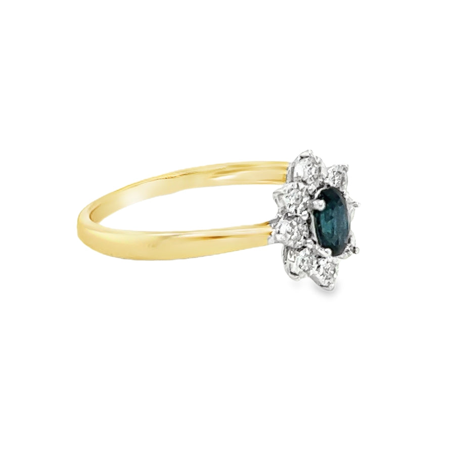 Sapphire & Diamond Oval Illusion Set Cluster Ring 9ct Gold