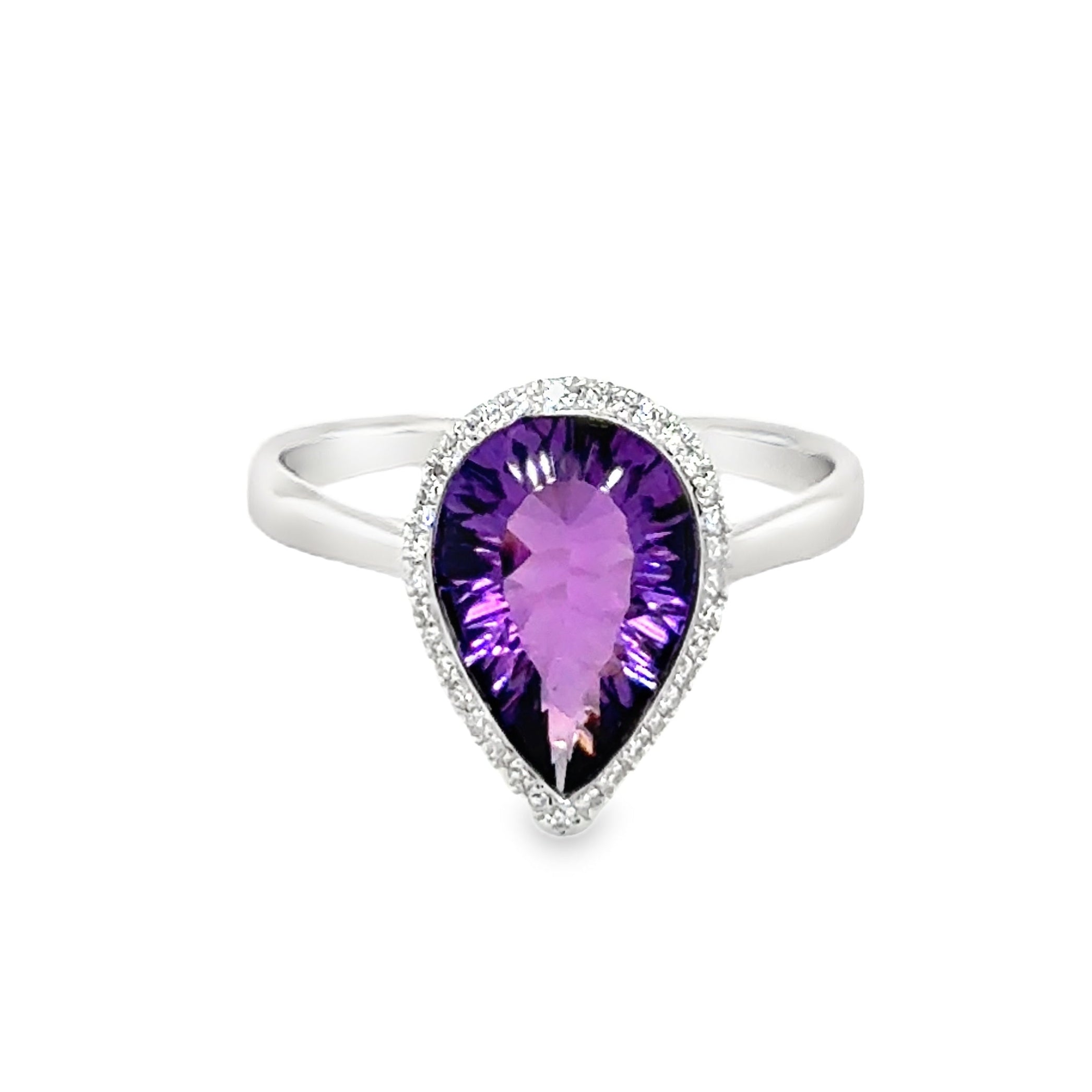 Amethyst & Diamond Teardrop Ring 9ct White Gold