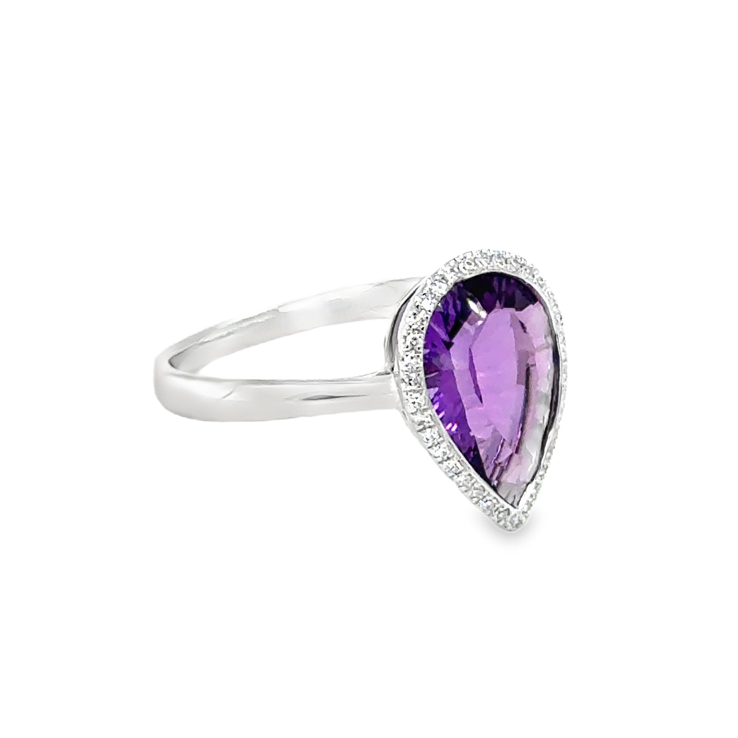 Amethyst & Diamond Teardrop Ring 9ct White Gold Side